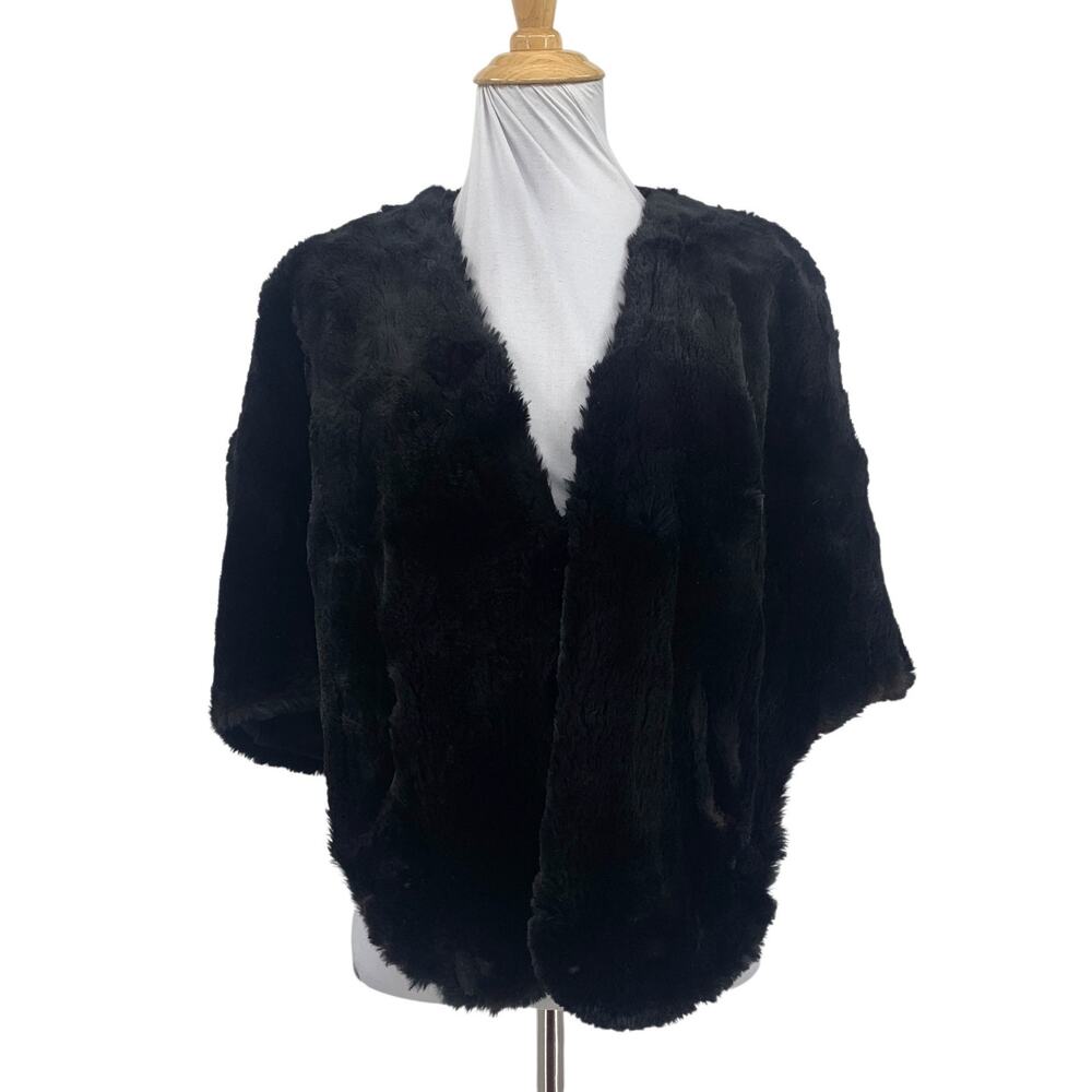 State Furs Shawl Womens S Small Black Faux Fur Wraps Cape Pockets Cropped